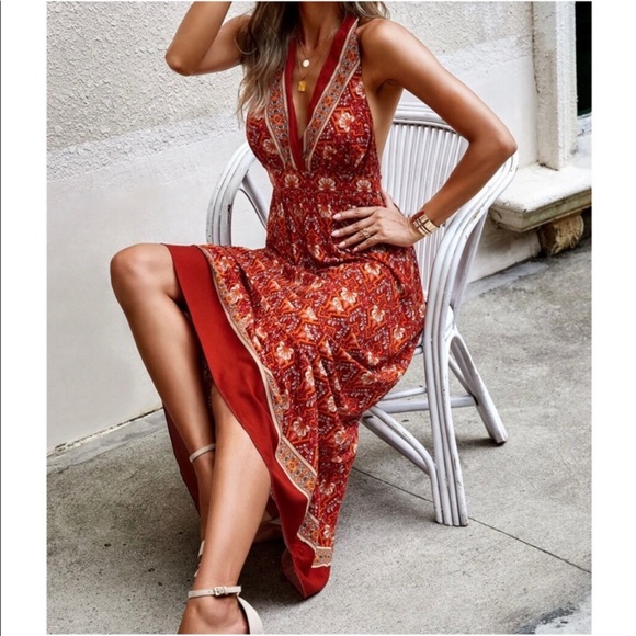 Boho Floral Print Cottagecore Halter Maxi Dress - Picture 2 of 4